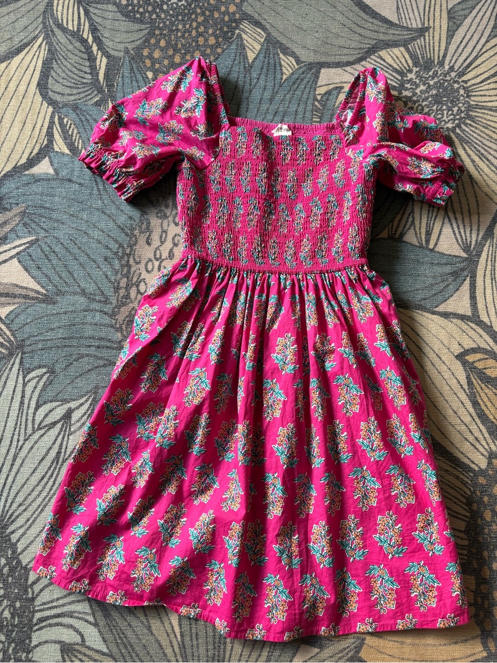 Crewcuts Girls' Pink Floral Smocked Puff-Sleeve Dress